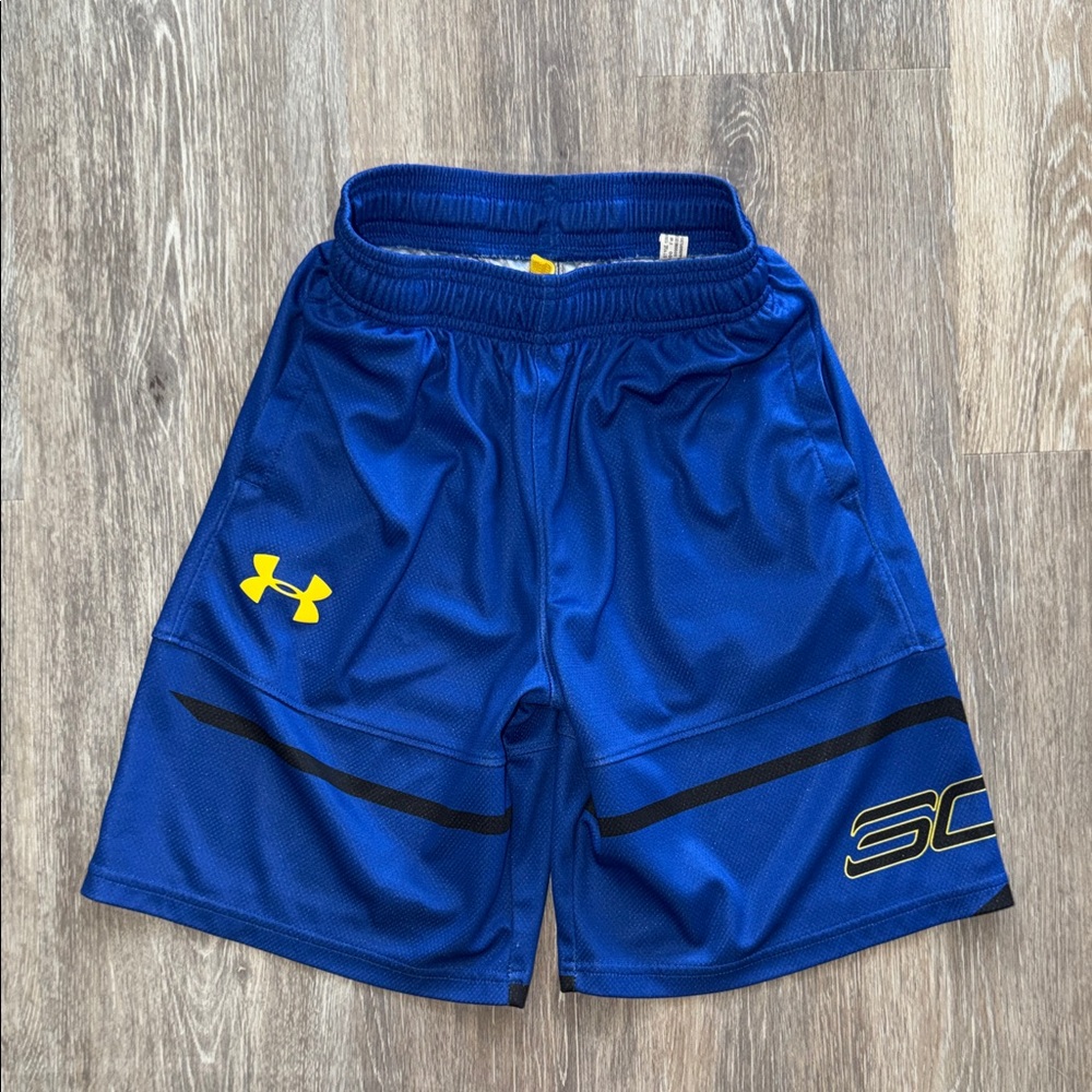 Youth Under Armour Blue Athletic Shorts with Yellow Logo